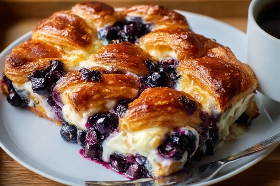 Delicious Blueberry Cream Cheese Croissant Casserole topped with fresh blueberries