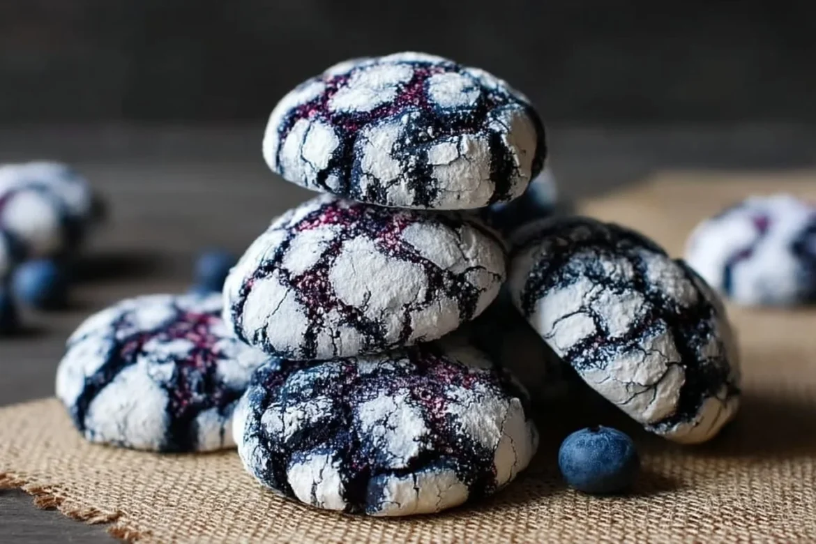 Freshly baked blueberry crinkle cookies dusted with powdered sugar on a plate.
