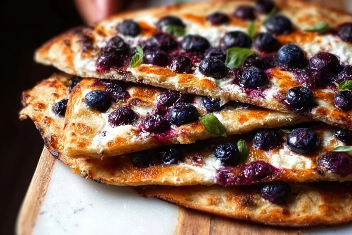 Homemade blueberry flatbread topped with fresh blueberries and drizzled with honey