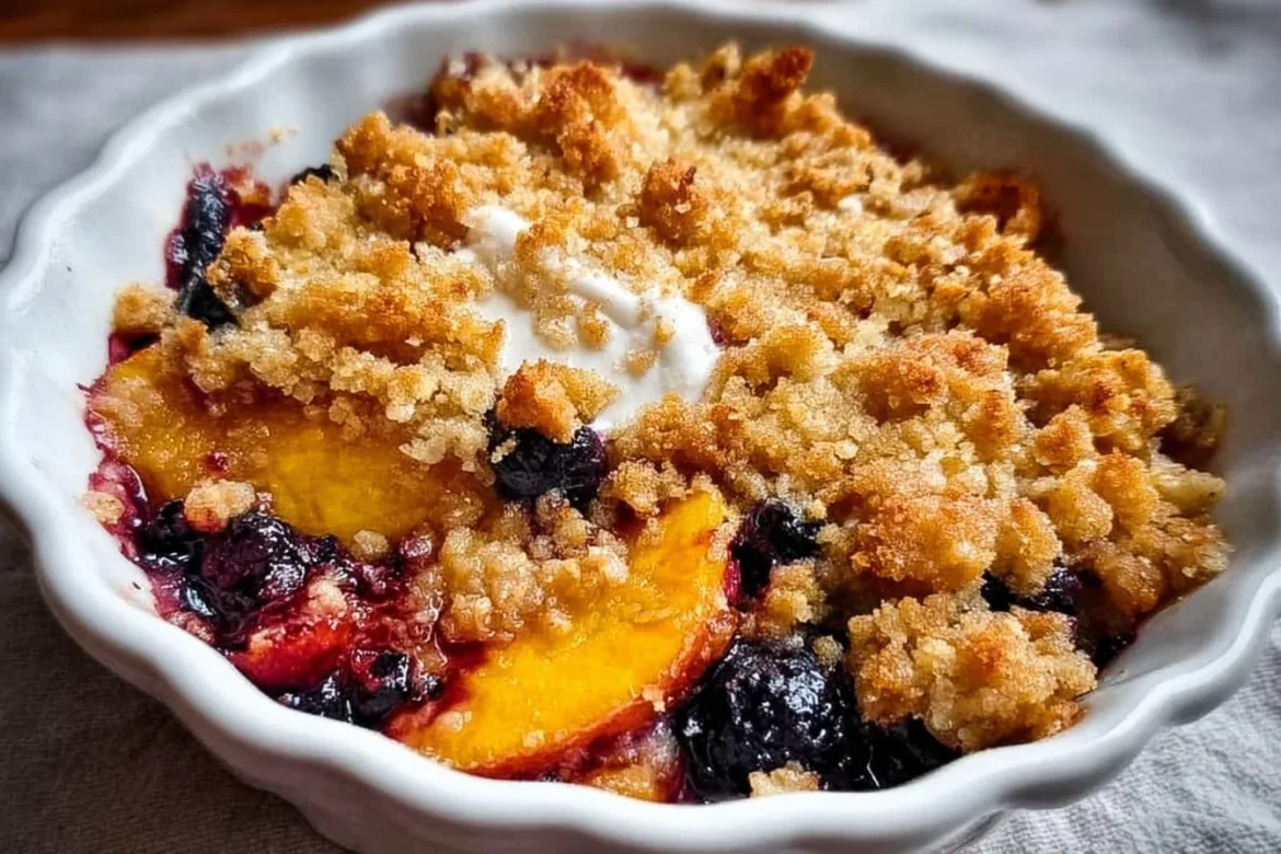 Delicious blueberry peach crumble baked to golden perfection