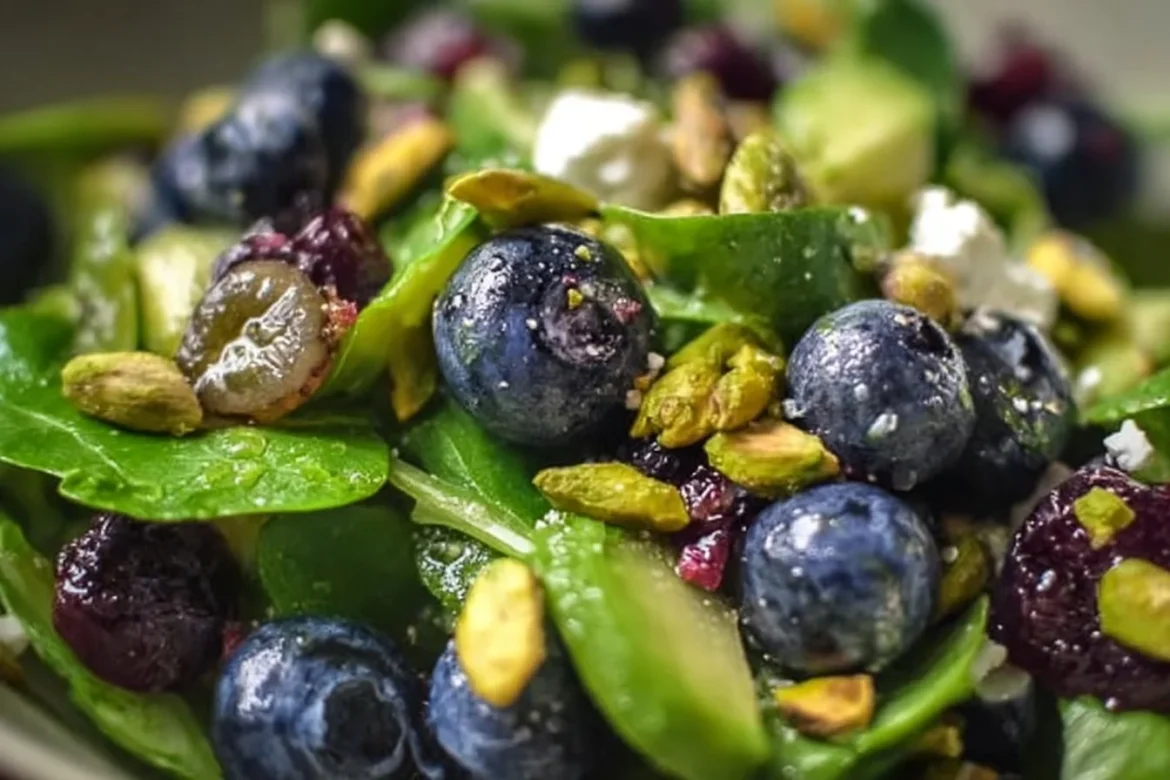 Blueberry pistachio salad with fresh greens, nuts, and berries