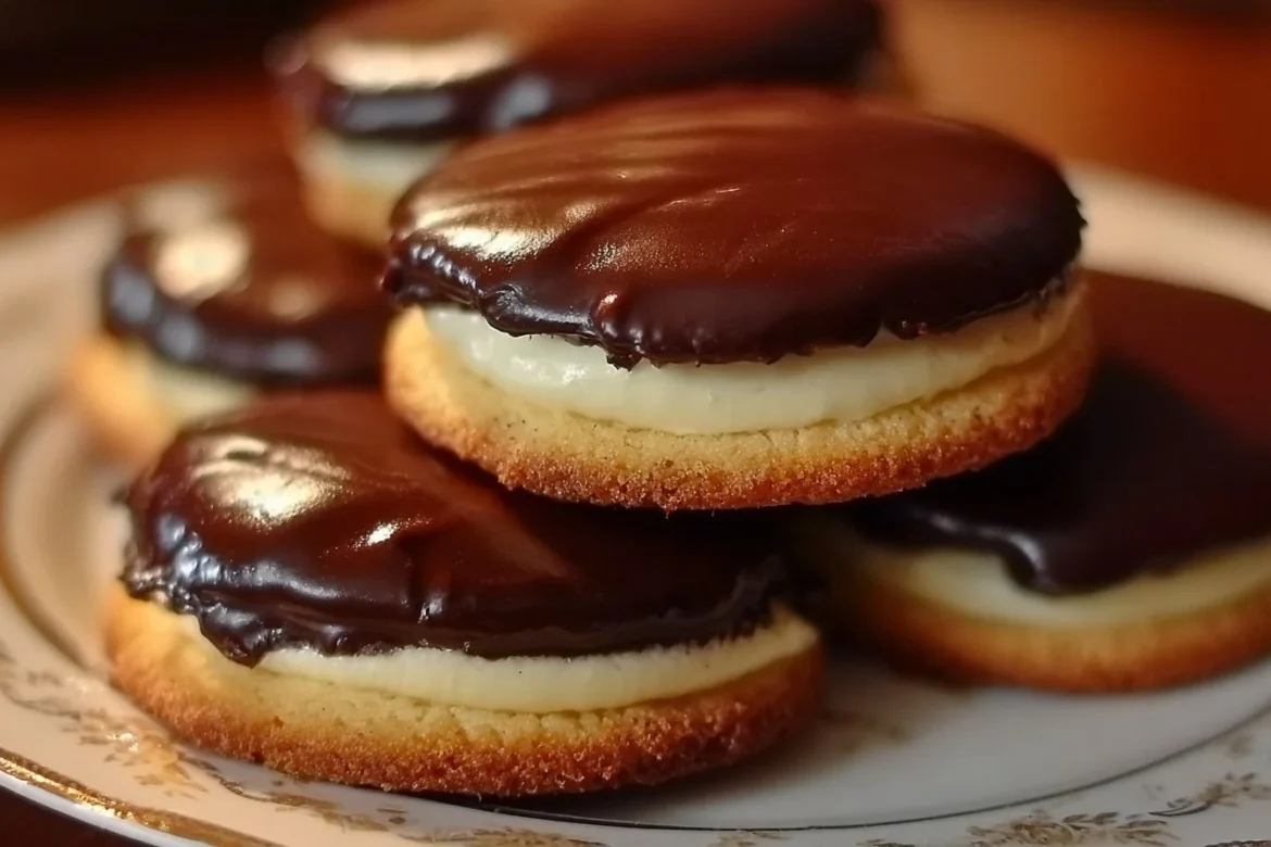 Boston Cream Pie Cookies with chocolate frosting on a plate