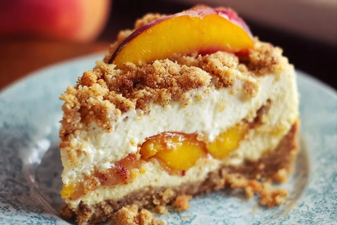 Bourbon Peach Streusel Cheesecake garnished with fresh peaches and streusel topping