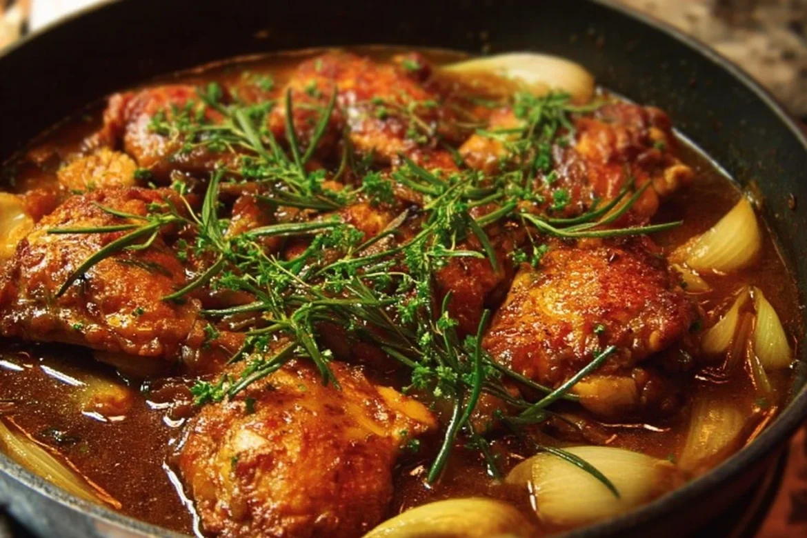 Braised Catalina Chicken served with vegetables on a plate.