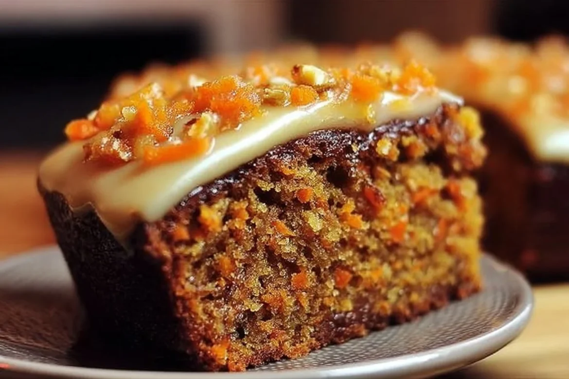 Deliciously moist Brazilian Carrot Cake with chocolate icing on a plate.