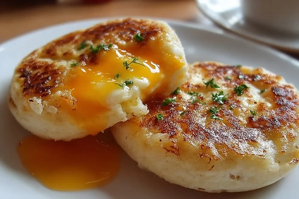 Breakfast Eggy Crumpets served on a plate with butter and syrup