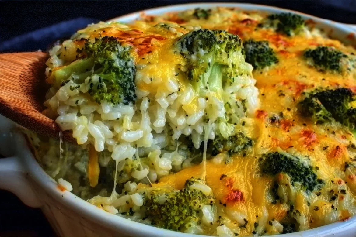 Delicious Broccoli Cheddar Rice Casserole served in a baking dish