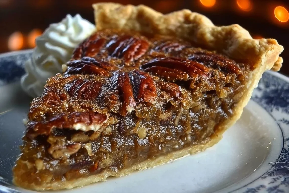 Slice of brown butter bourbon pecan pie showcasing caramelized pecans and rich filling