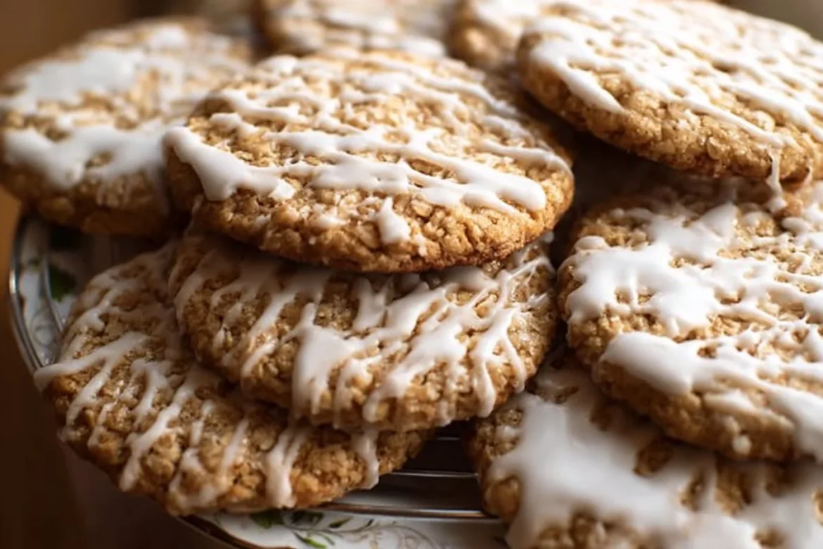 Brown Butter Iced Oatmeal Cookies on a rustic plate
