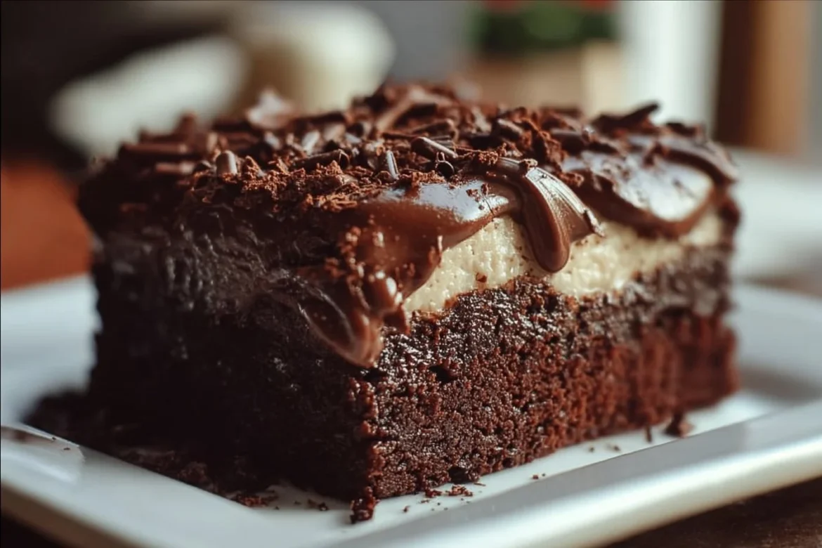 Delicious Brownie Refrigerator Cake layered with chocolate and cream