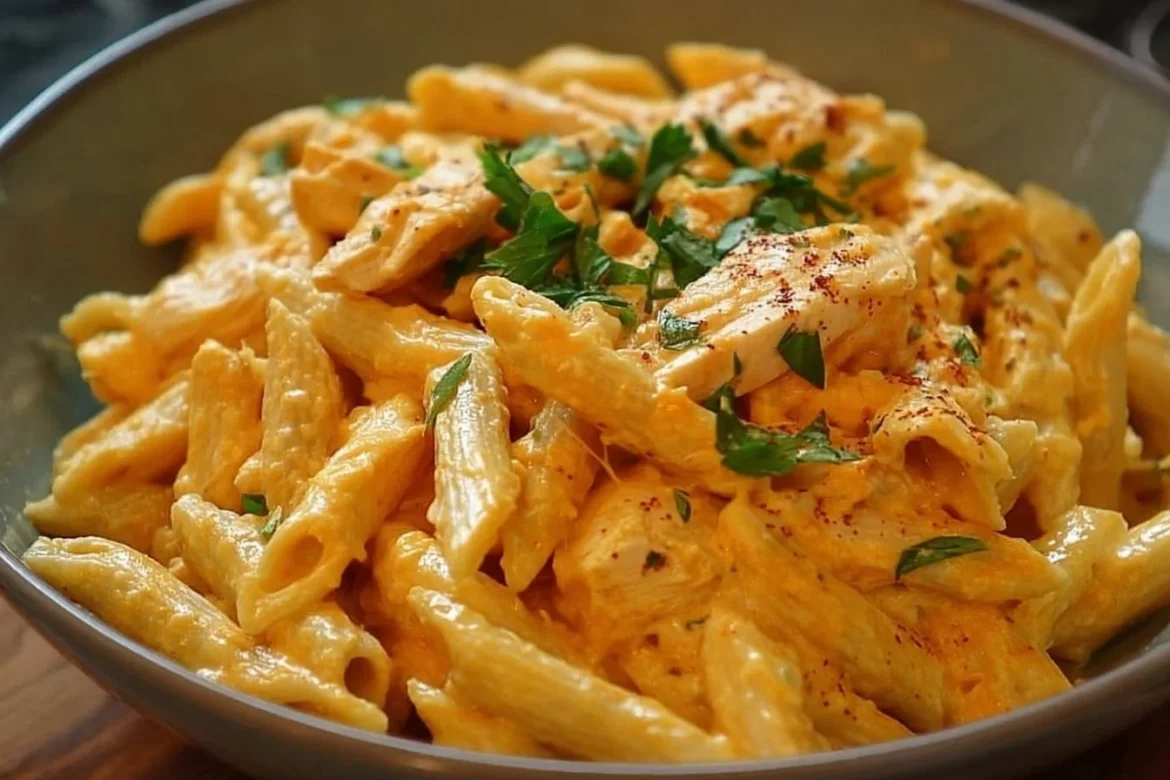 Delicious Buffalo Chicken Alfredo Pasta served with a side of garlic bread