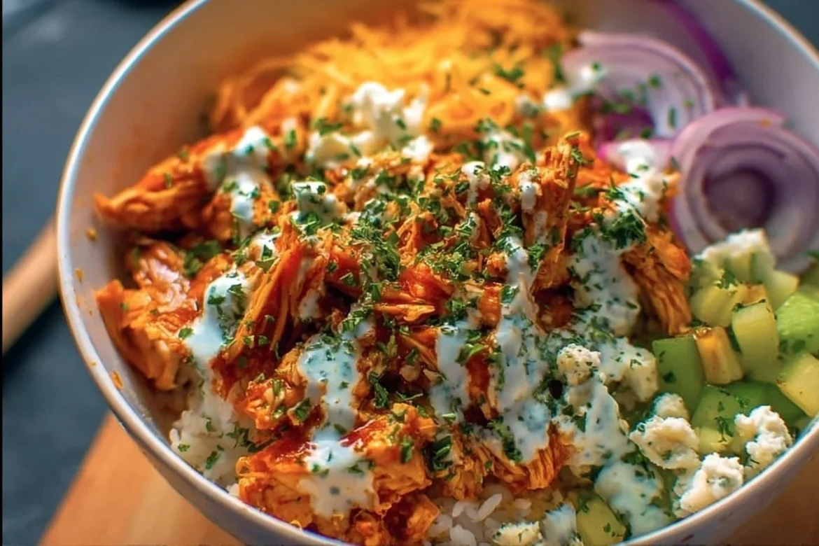 Delicious Buffalo Chicken Bowl with spicy chicken, rice, and fresh vegetables