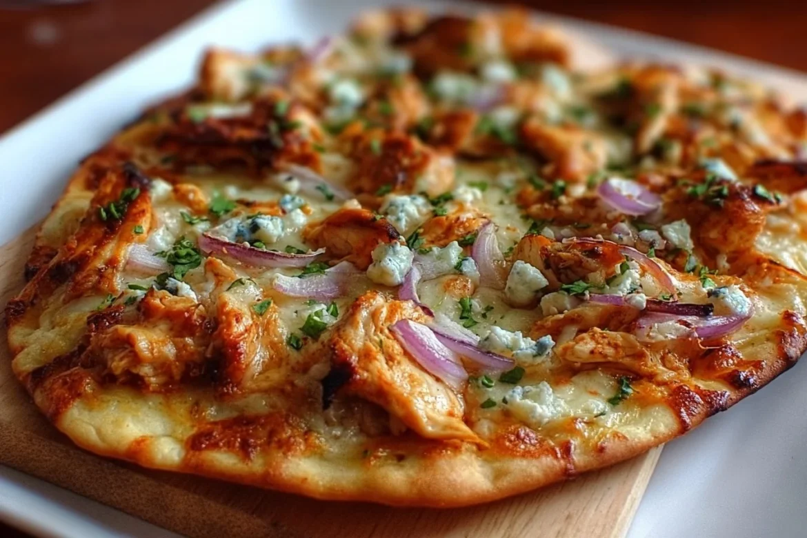Delicious Buffalo Chicken Flatbread Pizza topped with spicy chicken and cheese