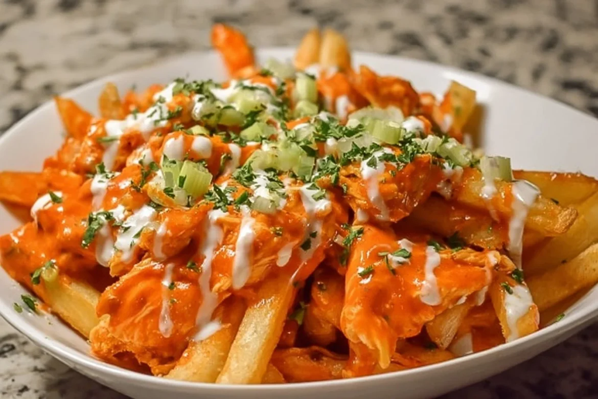 Delicious buffalo chicken fries topped with cheese and green onions