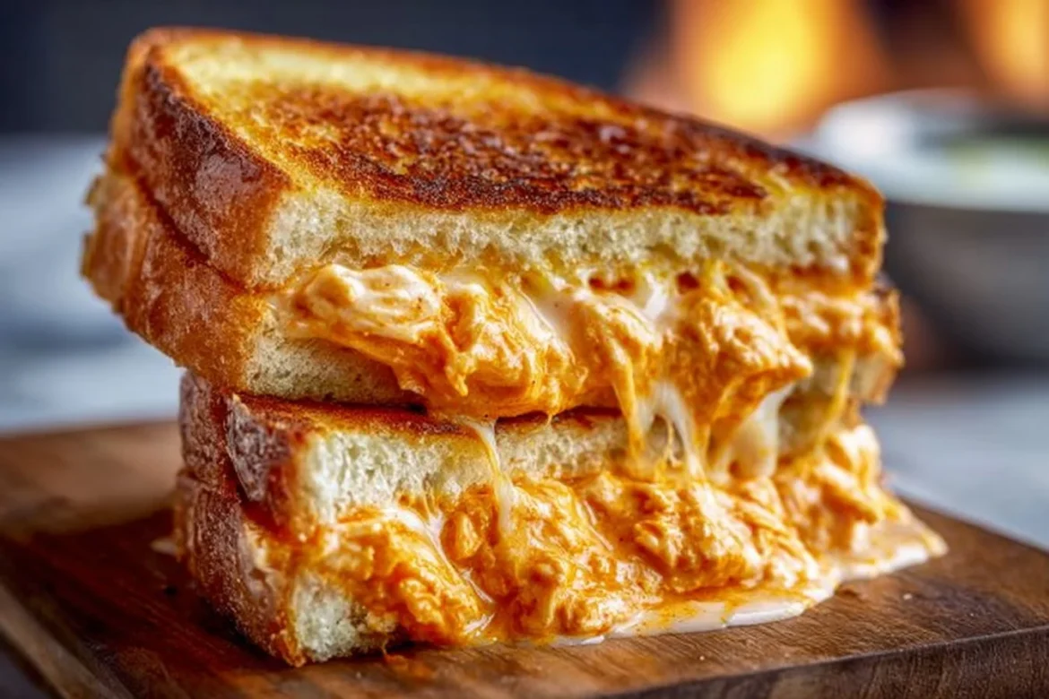 Buffalo Chicken Grilled Cheese Sandwich with melted cheese and spicy buffalo sauce
