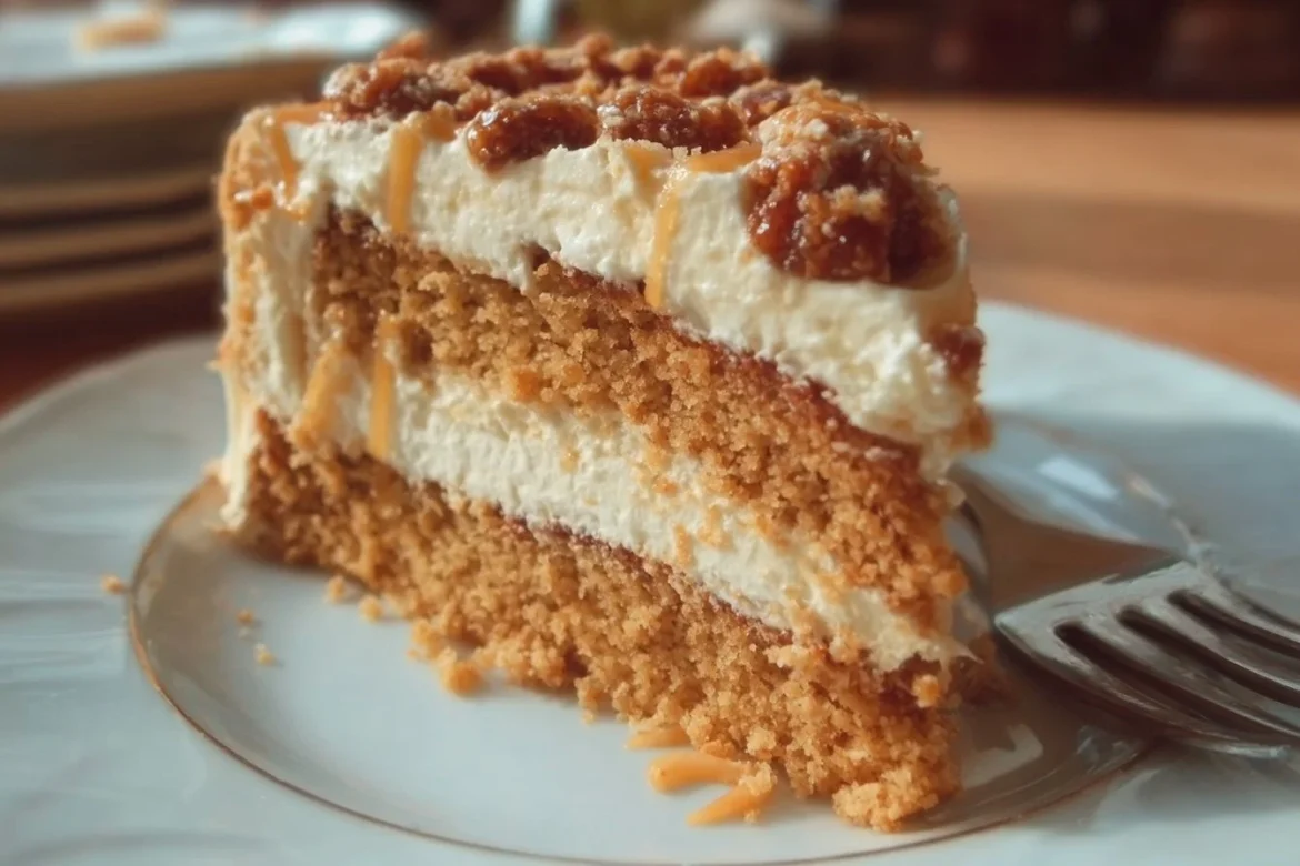 Slice of Butterscotch Bliss Crunch Cake topped with crunchy butterscotch