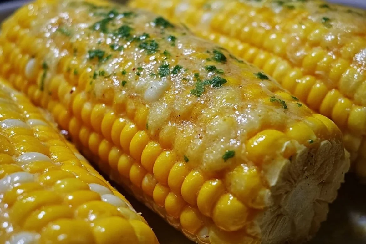 Buttery garlic corn on the cob served on a plate with fresh herbs