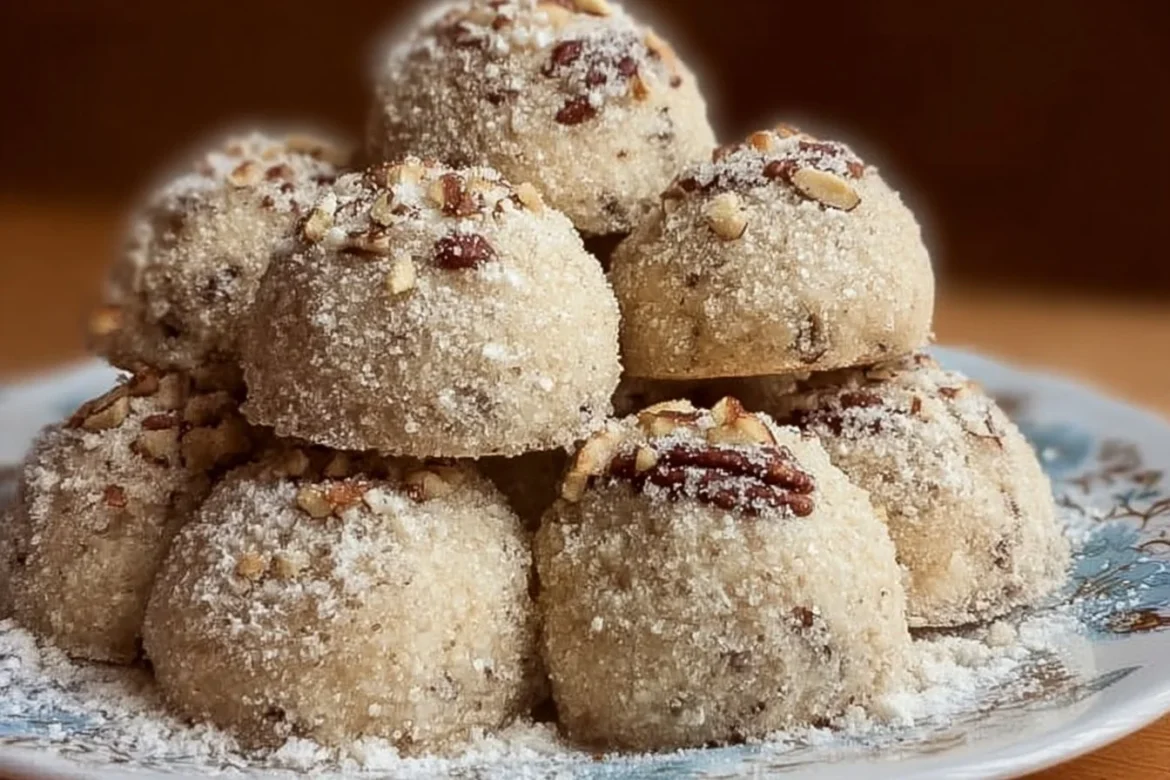 Delicious buttery pecan snowball cookies on a plate, perfect for holiday baking.