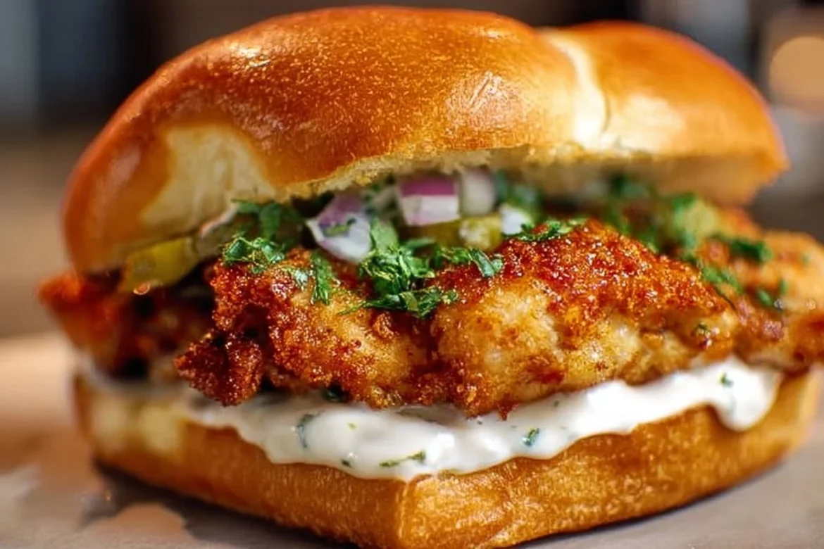 Cajun Crispy Chicken Sandwich with Garlic Aioli, showcasing its juicy texture and flavor.