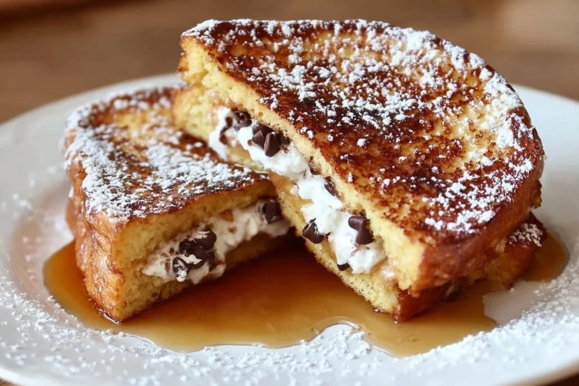 Delicious cannoli stuffed French toast topped with powdered sugar and chocolate syrup