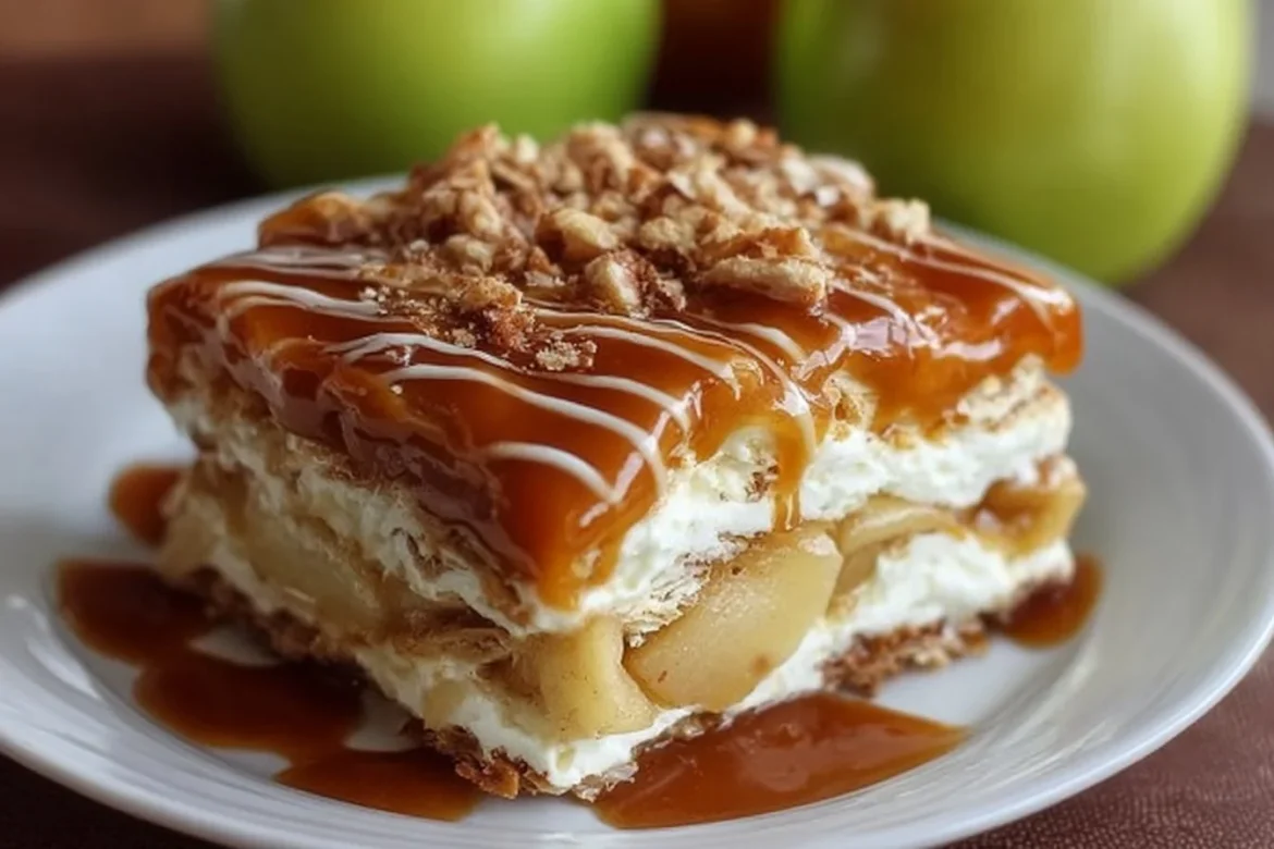 Delicious Caramel Apple Eclair Cake with layered pastry, caramel, and fresh apples