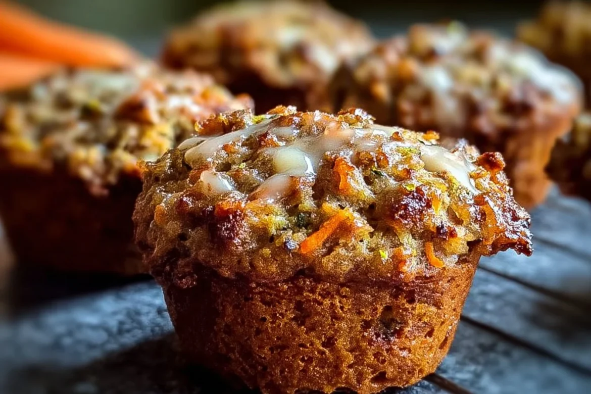 Carrot cake muffins with zucchini, topped with cream cheese frosting.