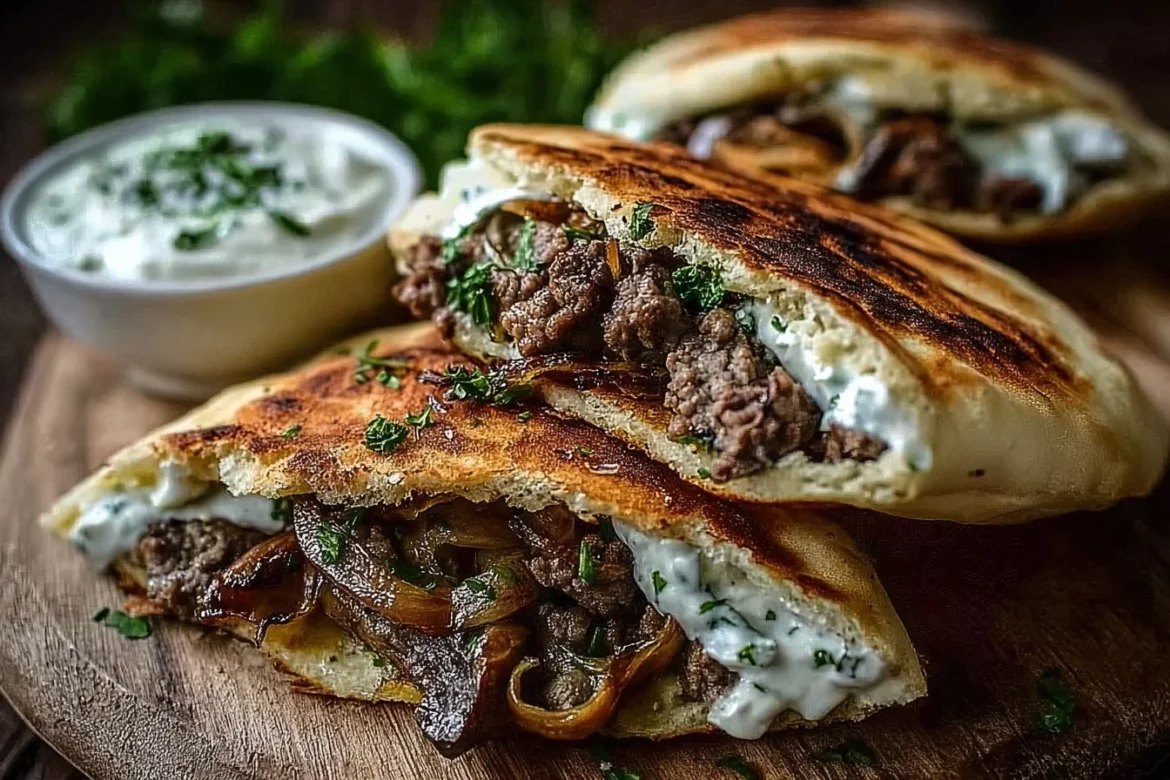 Cheesy beef and mushroom pita pockets served with tzatziki sauce on a platter.