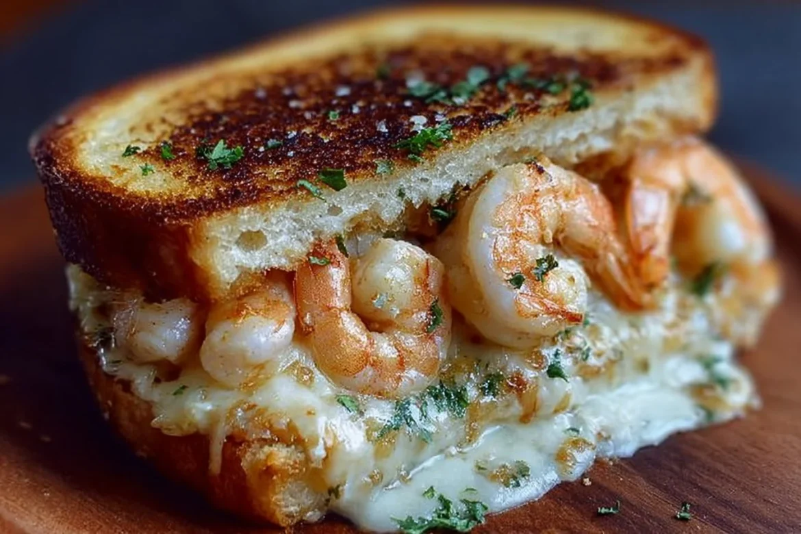 Cheesy Garlic Bread Shrimp Grilled Cheese sandwich topped with melted cheese and shrimp