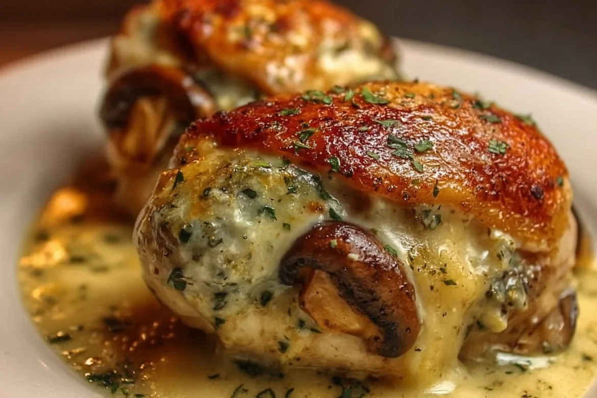 Cheesy Garlic Butter Mushroom Stuffed Chicken garnished with herbs.