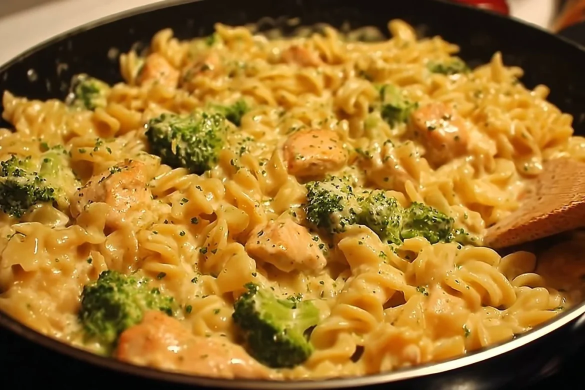Cheesy ranch chicken and broccoli pasta skillet dish garnished in a pan