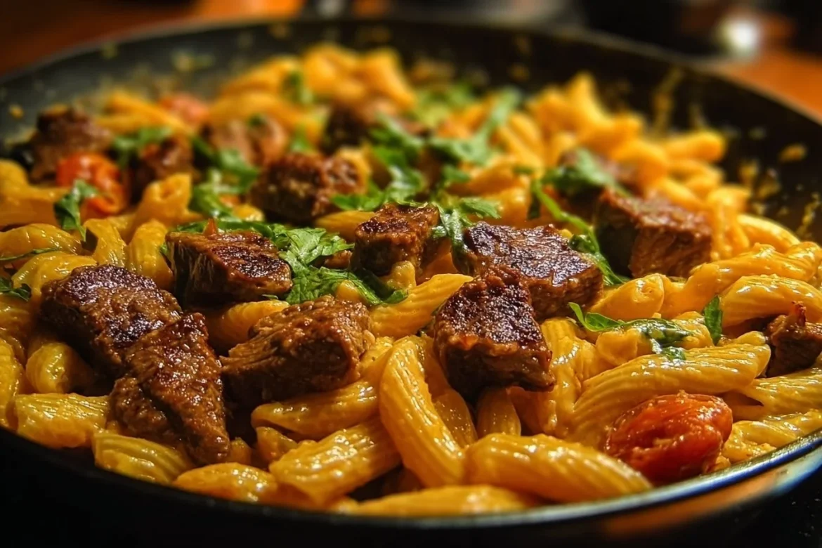 Cheesy spicy Cajun steak and pasta skillet dish topped with fresh herbs.