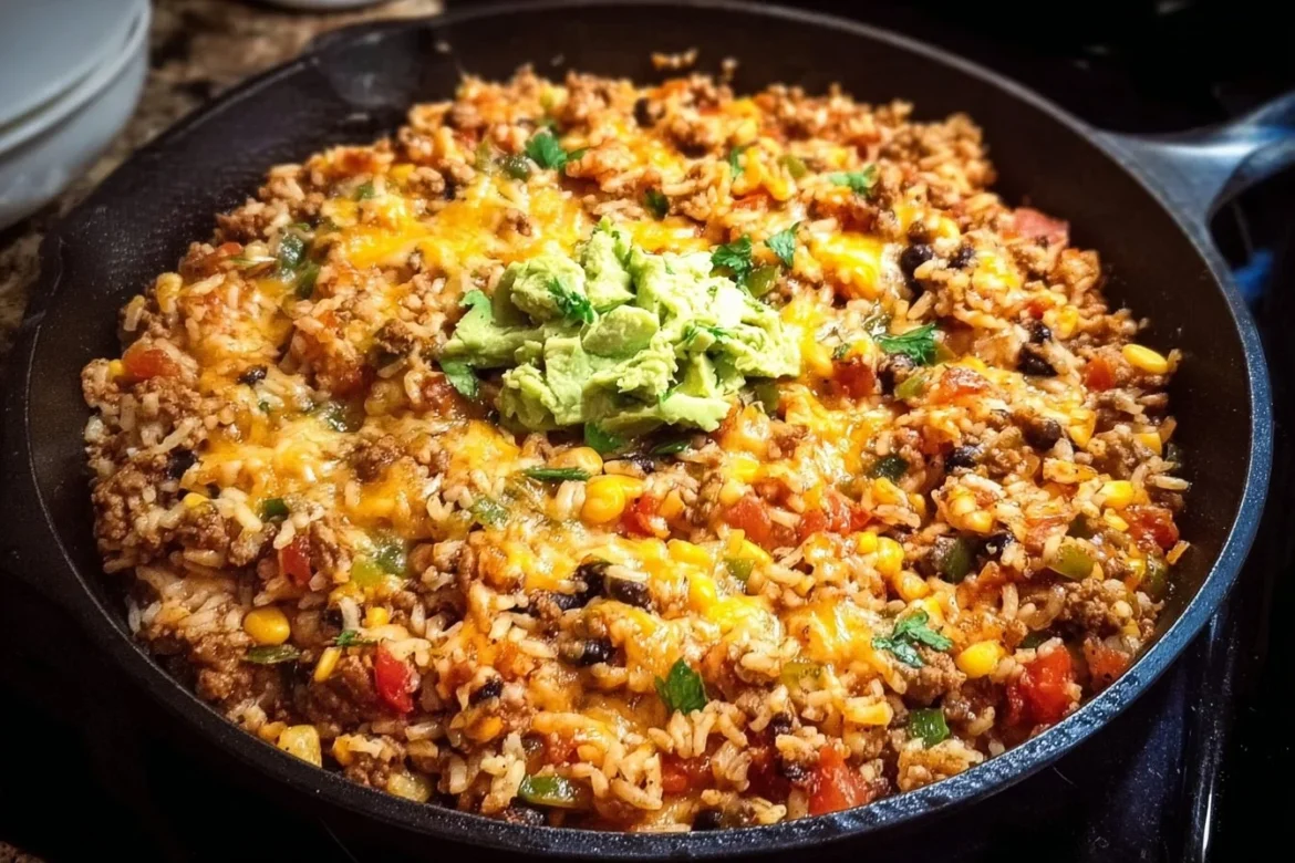 Delicious Cheesy Taco Rice Skillet served in a colorful dish.