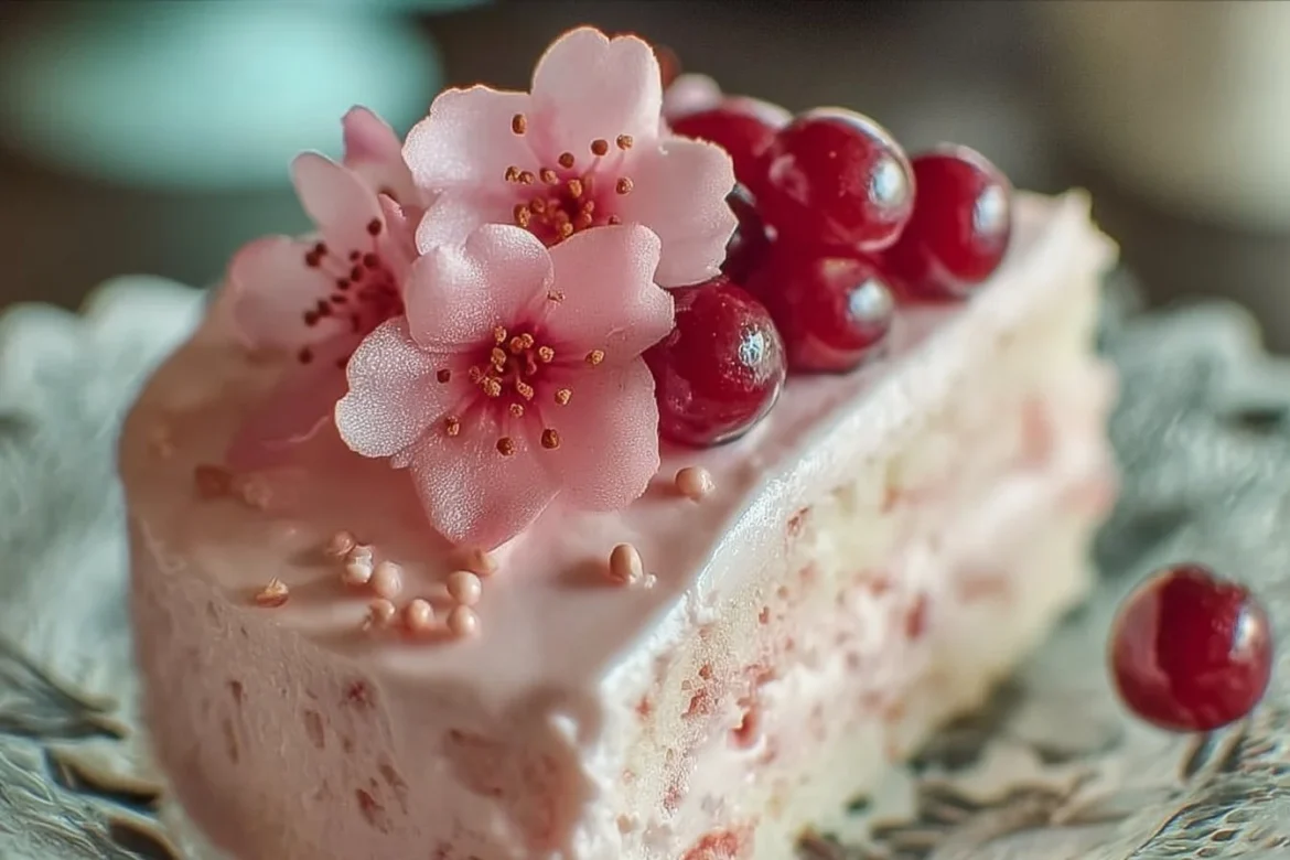 Cherry Blossom Dream Cake decorated with pink edible blossoms and white frosting.