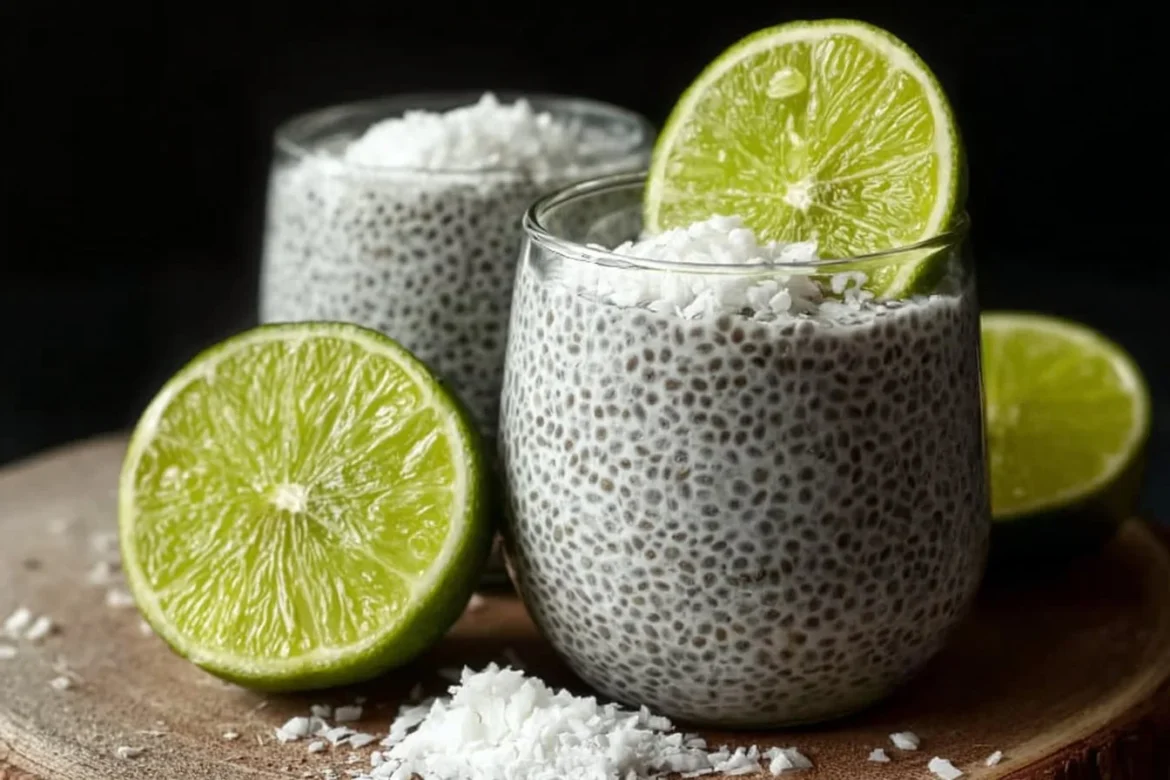 Chia pudding topped with coconut and lime in a vibrant bowl