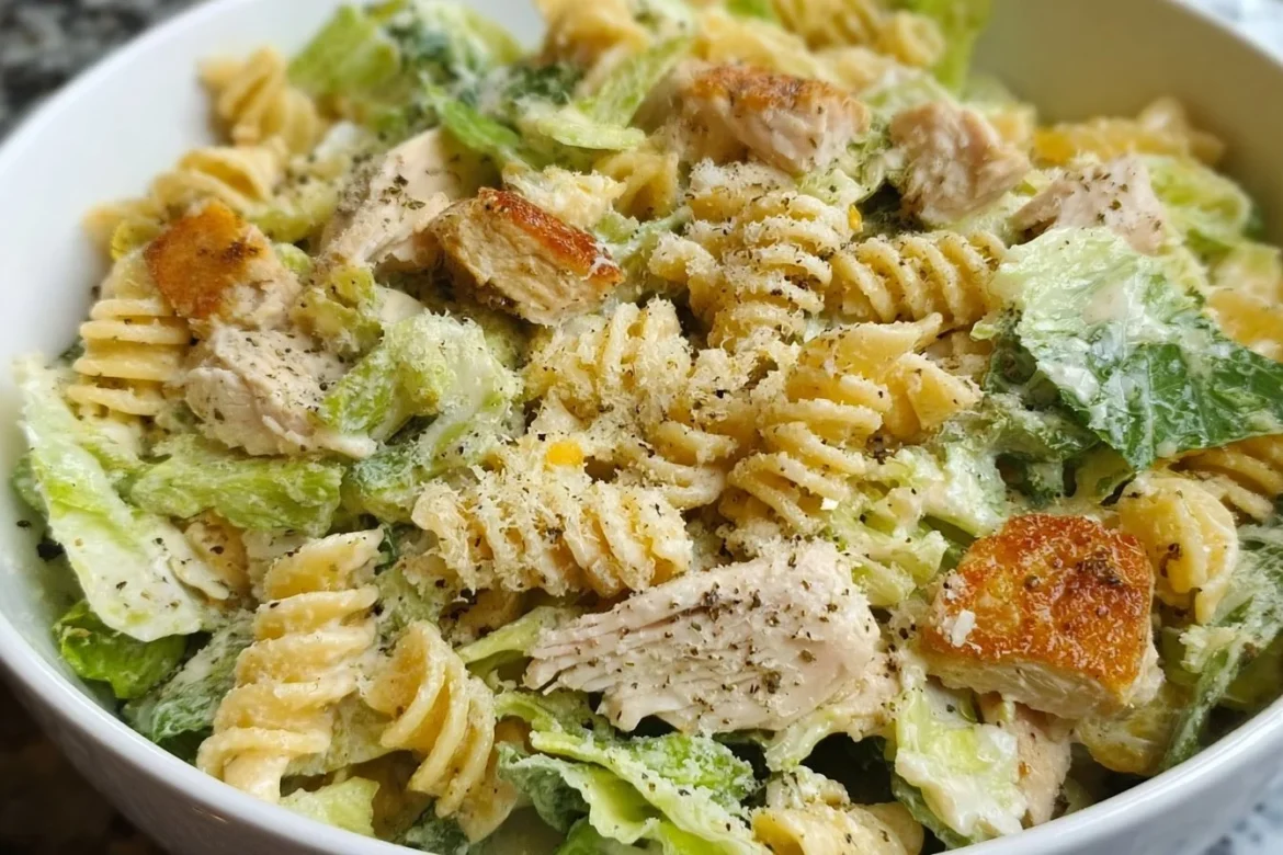 Delicious Chicken Caesar Pasta Salad with grilled chicken and romaine lettuce