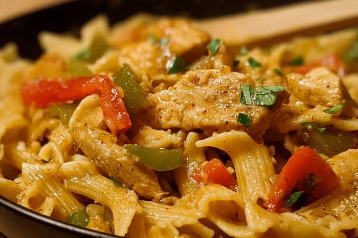 Plate of Chicken Fajita Pasta with colorful bell peppers and chicken strips
