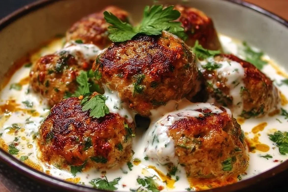 Delicious Chicken Kofta served with a creamy yogurt sauce on a plate
