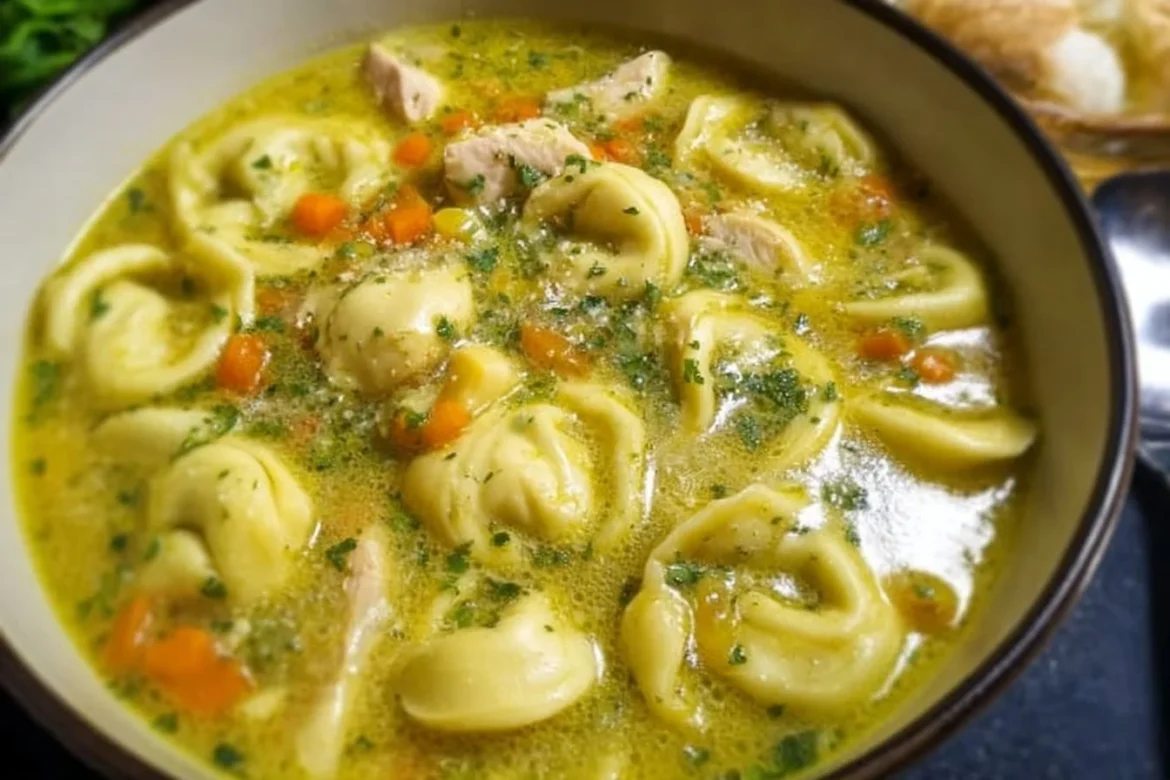 Bowl of Chicken Pesto Tortellini Soup with fresh herbs and garnishes