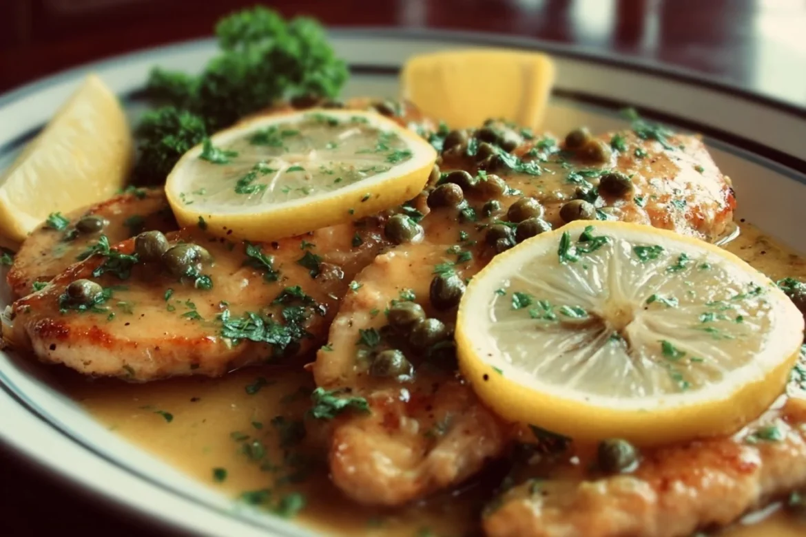 Delicious Chicken Piccata with Lemon Sauce on a white plate, garnished with parsley.