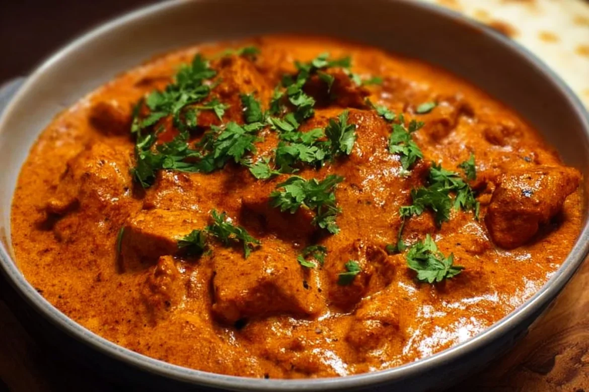 Delicious Chicken Tikka Masala served with rice and naan bread.