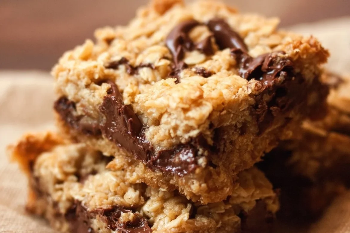Chocolate chip peanut butter oatmeal bars fresh out of the oven