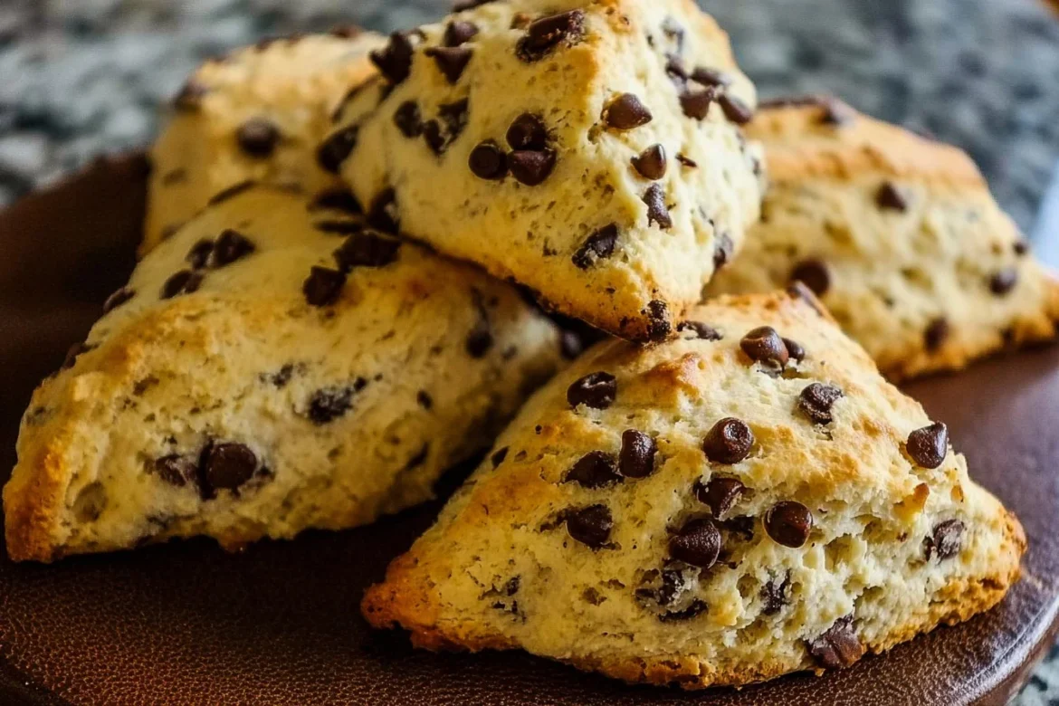 Freshly baked chocolate chip scones on a plate