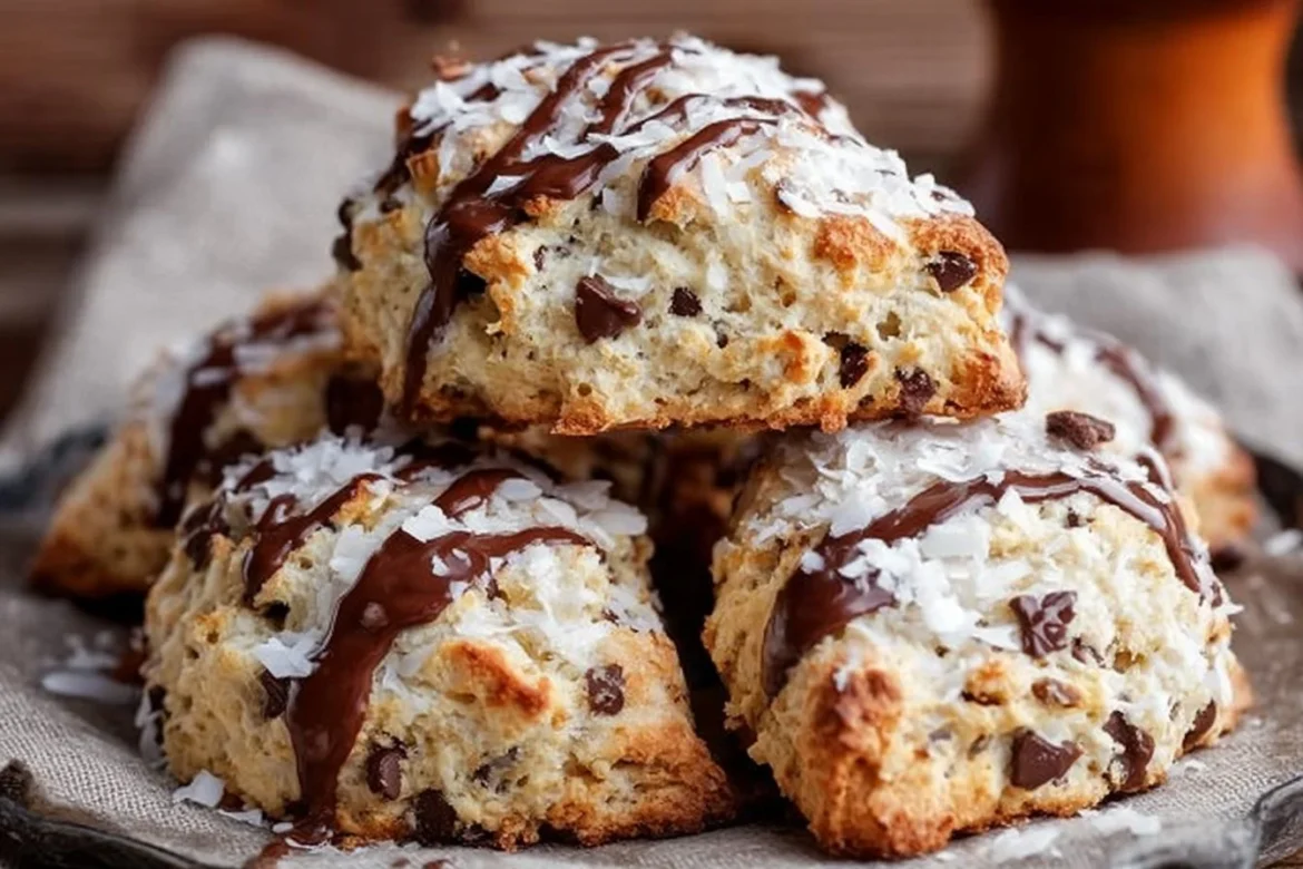 Freshly baked Chocolate Coconut Scones with rich chocolate and shredded coconut