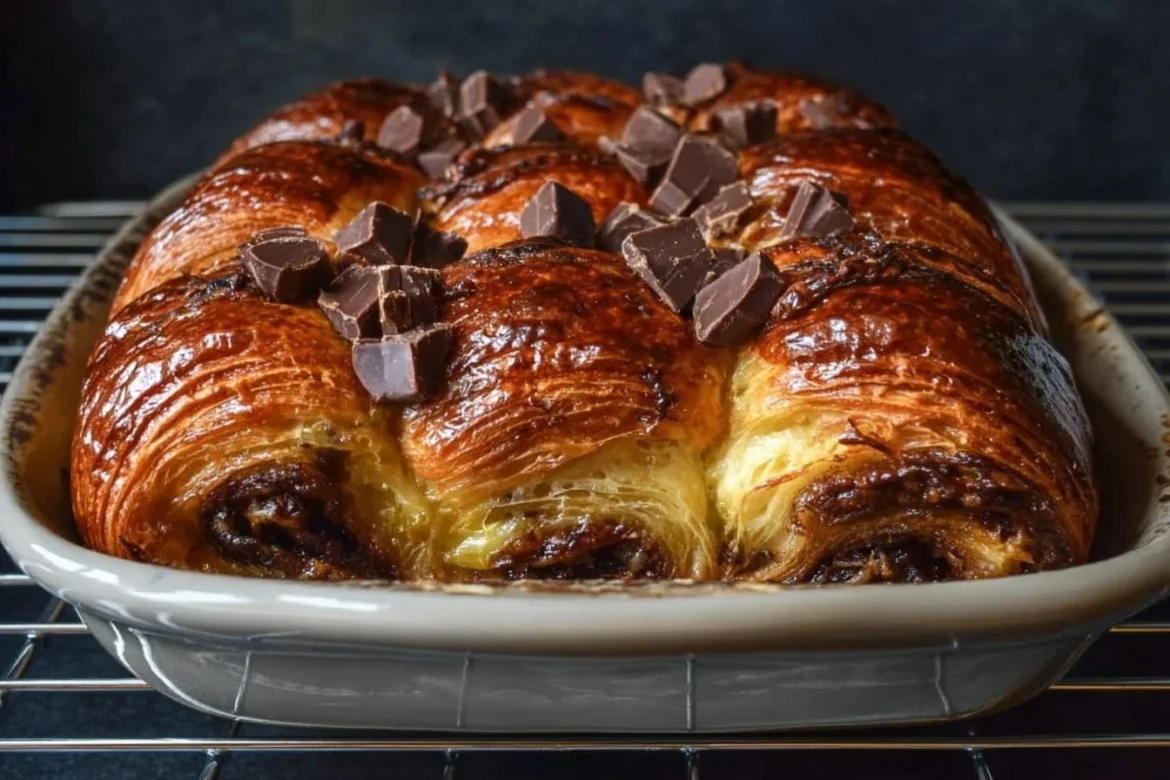 Chocolate croissant breakfast bake fresh out of the oven, topped with chocolate drizzle.