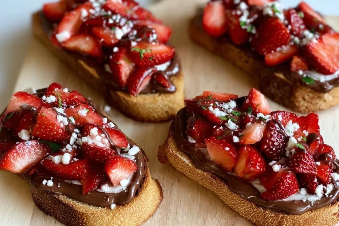 Chocolate Strawberry Bruschetta topped with fresh strawberries and chocolate sauce