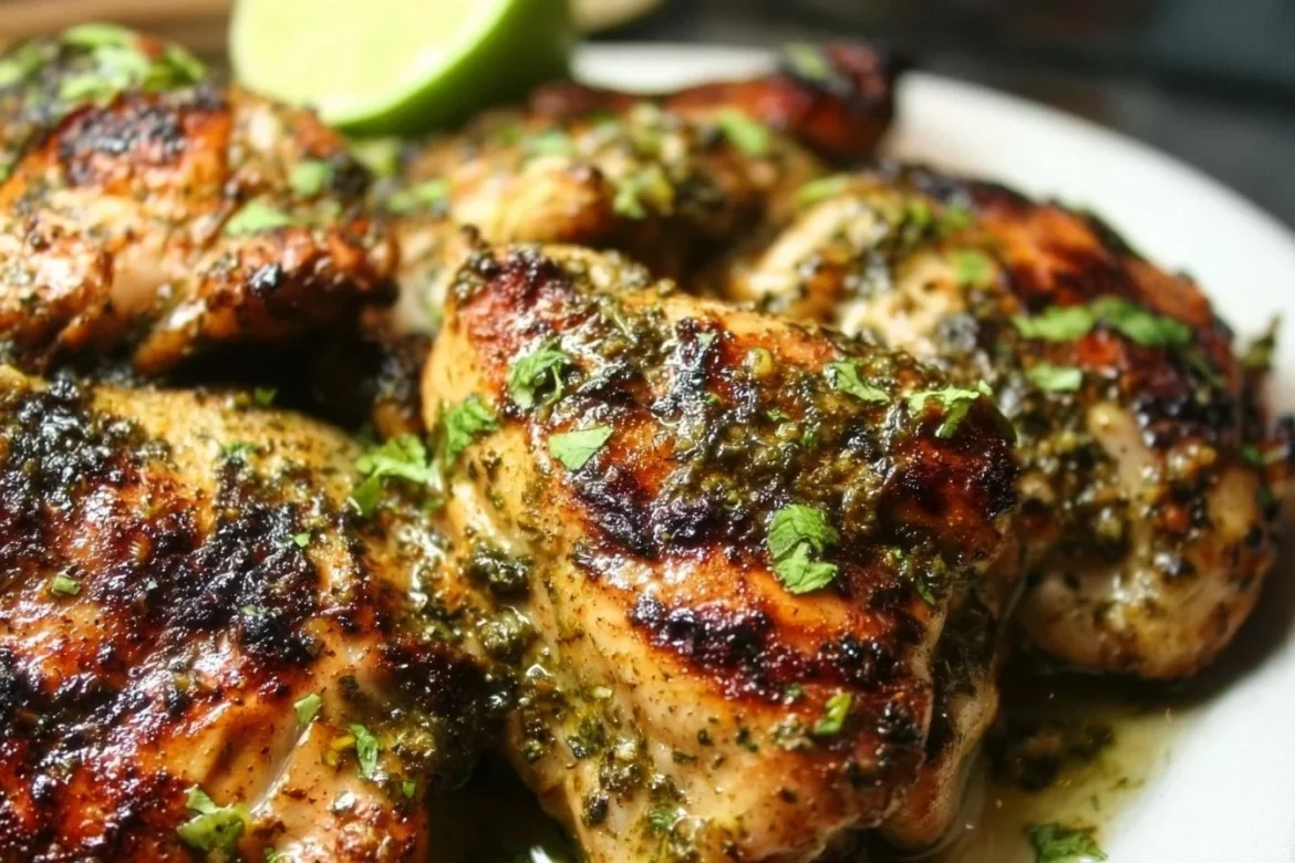 Juicy Cilantro-Lime Chicken Thighs served with fresh herbs and lime wedges