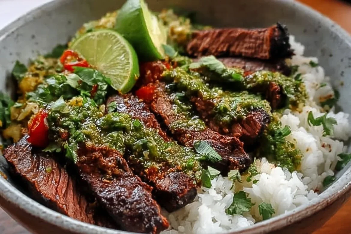 Cilantro Lime Steak Bowl with grilled steak, fresh cilantro, and lime wedges