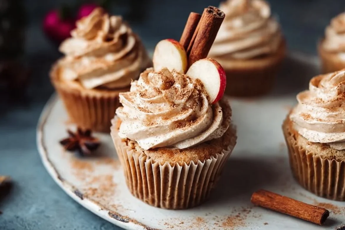 Cinnamon Apple Cider Cupcakes topped with creamy frosting and spices