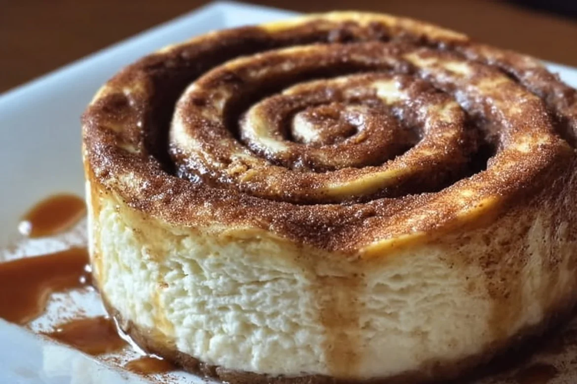 Delicious Cinnamon Roll Honeybun Cheesecake topped with cinnamon and icing