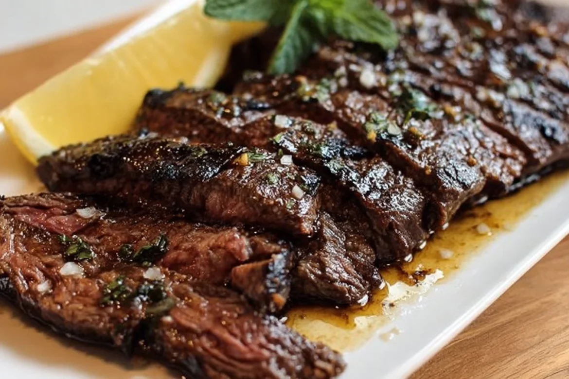 Citrus marinated skirt steak garnished with herbs on a plate